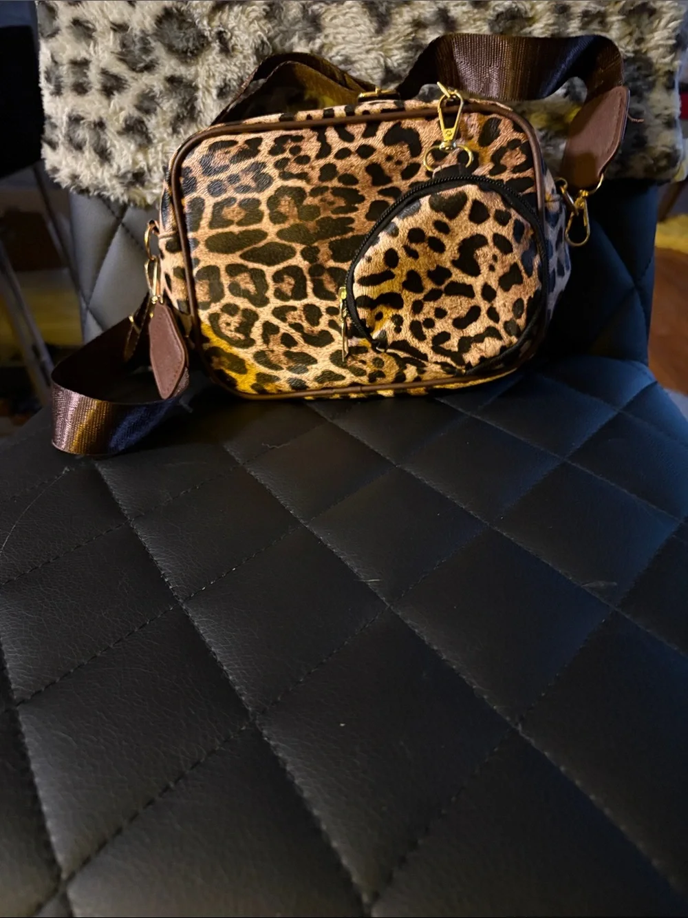 Leopard Print Crossbody Bag with Removable Strap - Brown